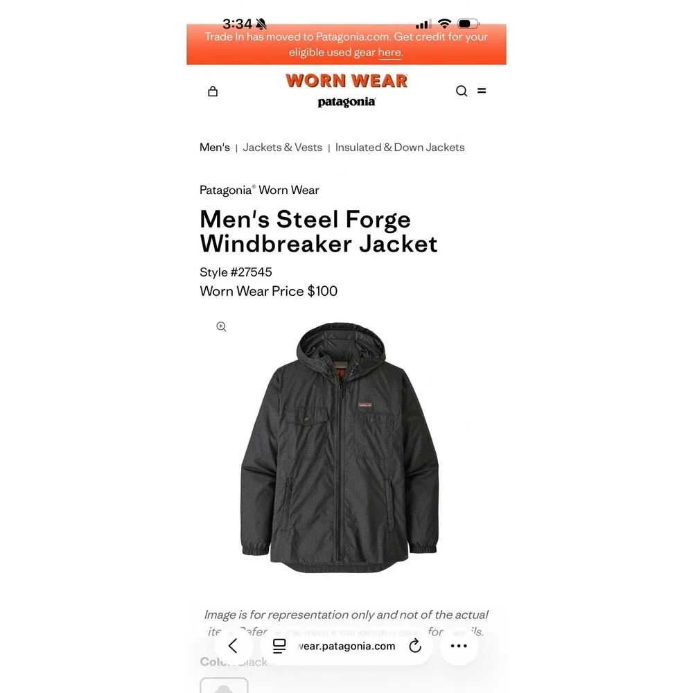 Patagonia Mens Steel Forge Windbreaker Jacket Black Ripstop‎ 27545 XS NEW